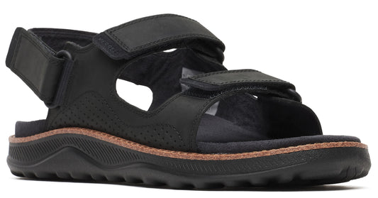 Black sandal with two velcro straps and thick sole.
