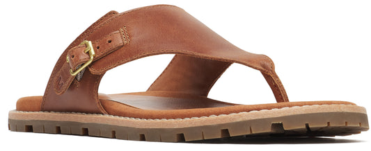 Brown leather thong sandal with buckled strap.