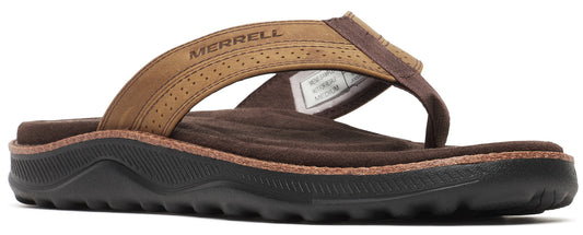 A brown flip-flop with MERRELL branding on the strap.