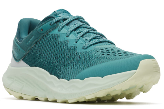 A teal running shoe with a white sole.