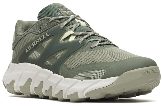Olive low-top running shoe with white zigzag sole and "MERRELL" text on the side.