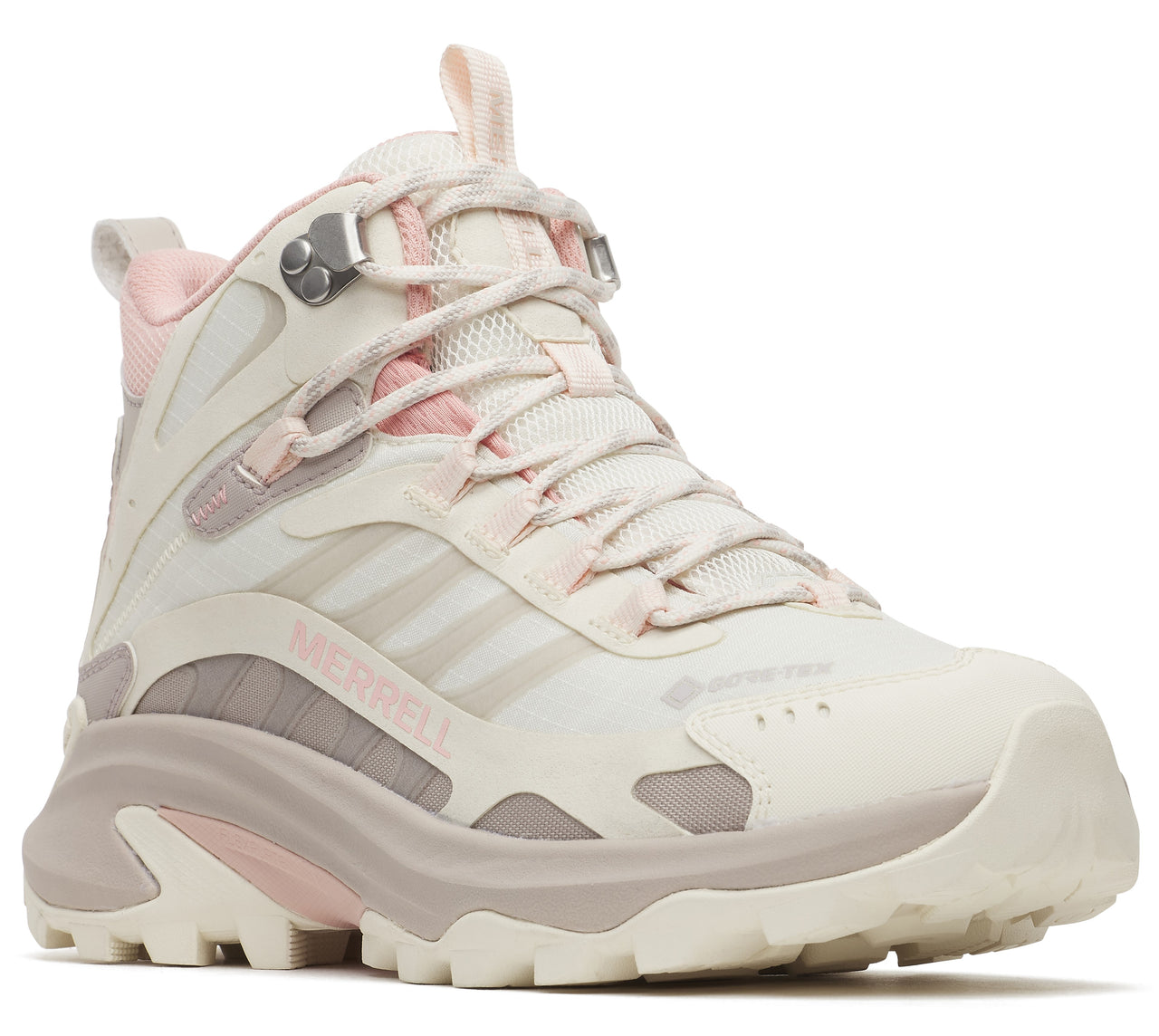 Beige and pink hiking boot with laces and a high ankle.