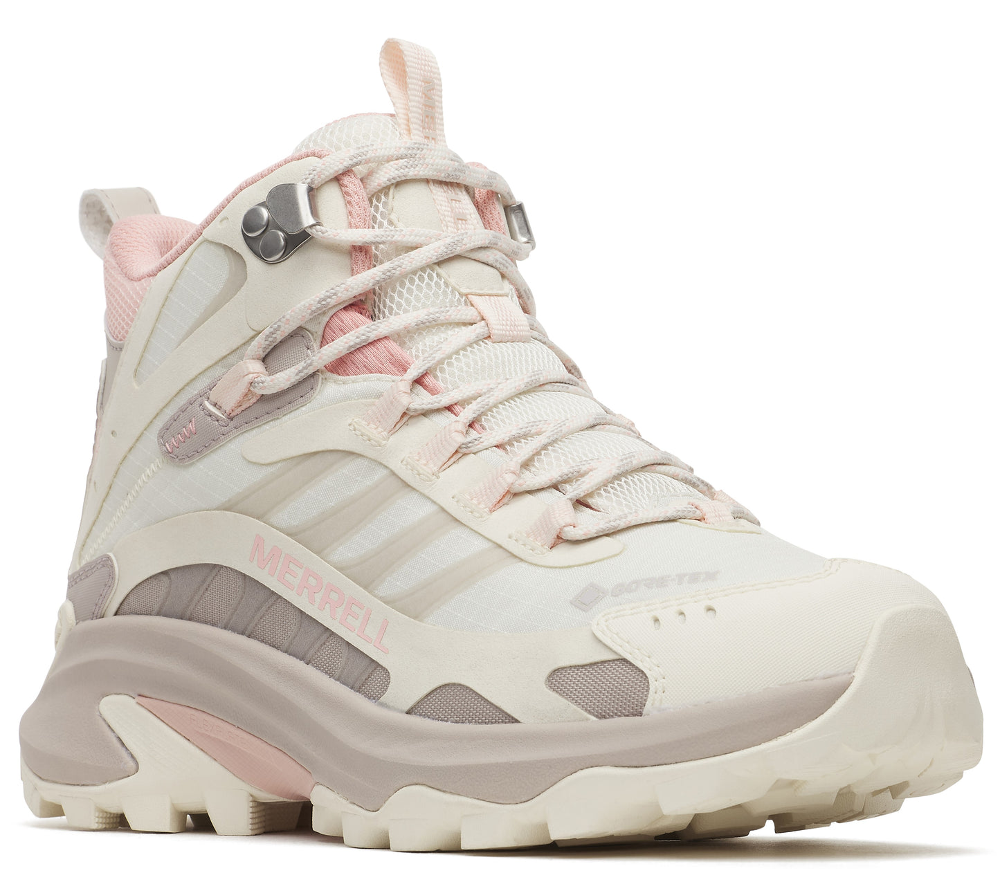 Beige and pink hiking boot with laces and a high ankle.