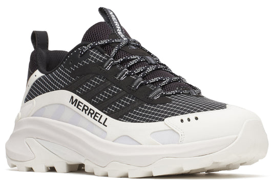 A black and white shoe with a thick white sole and the word MERRELL written on the side.