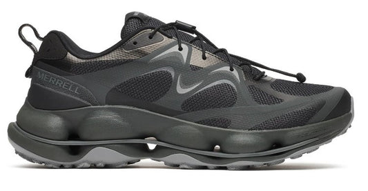 Side view of a black Merrell athletic shoe with a textured, bulbous grey and black midsole, mesh and synthetic upper, and a toggle lace system.