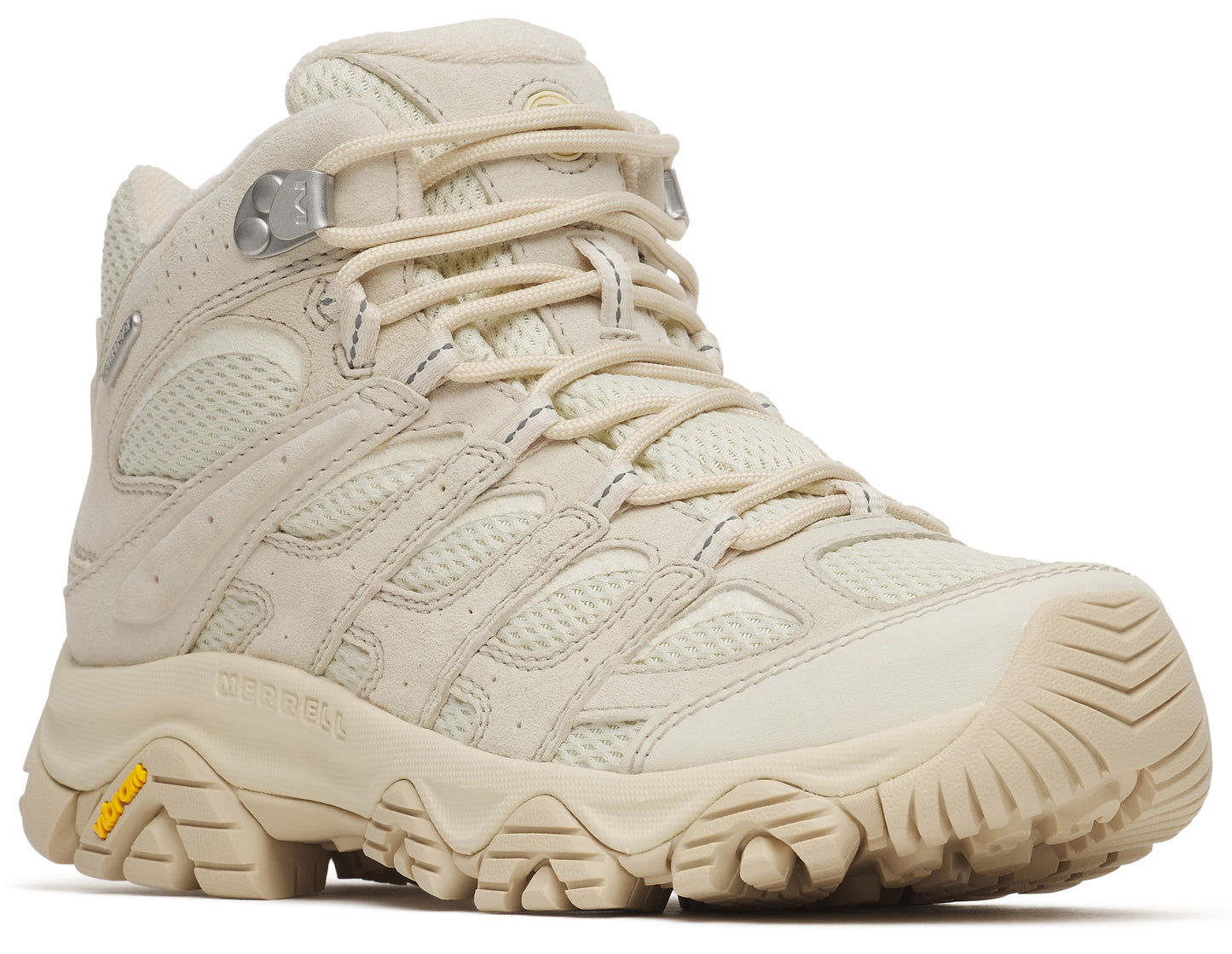 Beige high top athletic shoe with laces and rubber lug sole.