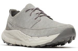 A gray suede shoe with gray laces and a thick white and gray sole.