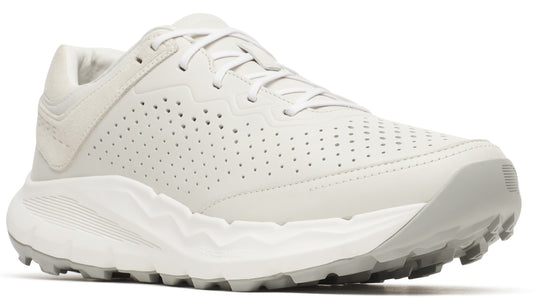 Beige athletic shoe with perforated design and white laces.