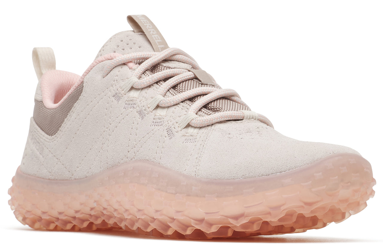 Beige running shoe with pink rubber textured sole, pink insole and heel collar, and neutral-colored laces.