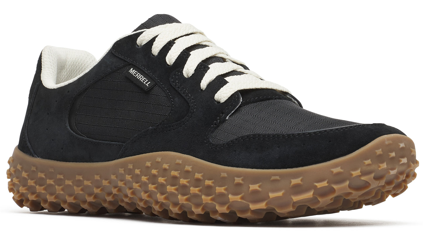 Black athletic shoe with brown rubber sole and off-white laces, "MERRELL" label