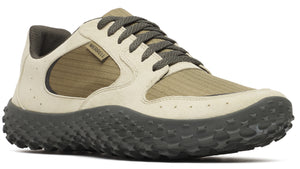 Tan Merrell shoe with textured black sole, lace up, and a gray interior.
