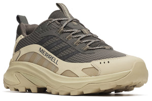A low-top hiking shoe with a lug sole, a beige midsole, grey nylon upper and the text "MERRELL" along the side.