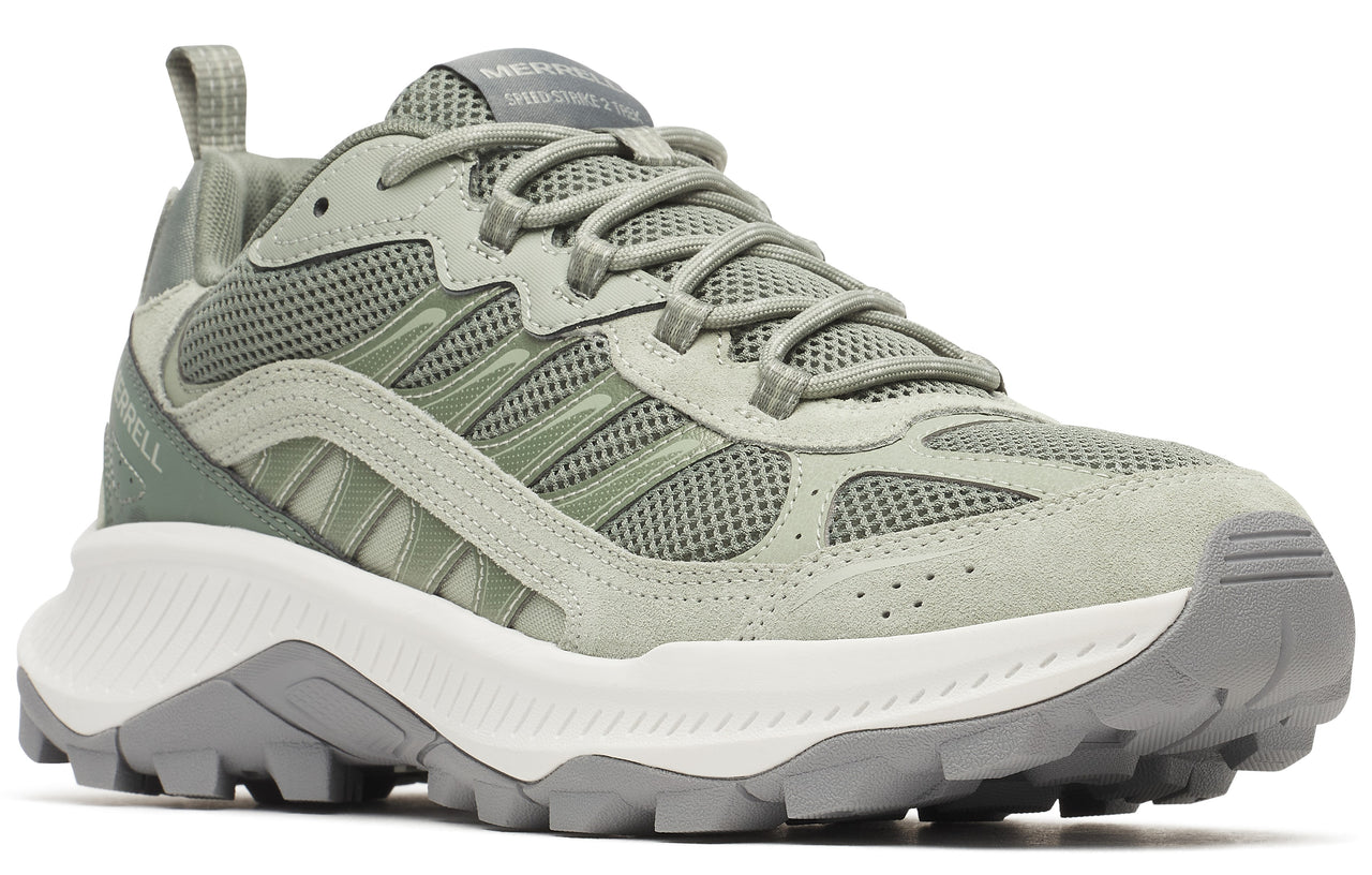 Olive-green sneaker with a mesh upper, suede overlays, white midsole, and gray lugged outsole.