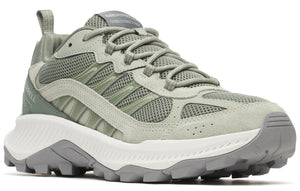 Olive-green sneaker with a mesh upper, suede overlays, white midsole, and gray lugged outsole.