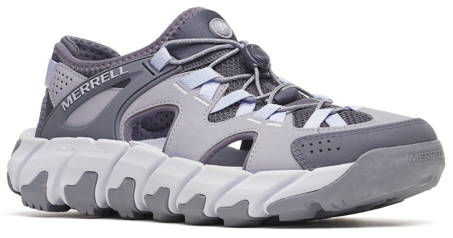 Gray shoe with cutouts, thick white sole, and bungee laces with a toggle.