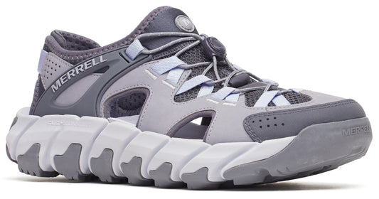 Gray shoe with cutouts, thick white sole, and bungee laces with a toggle.