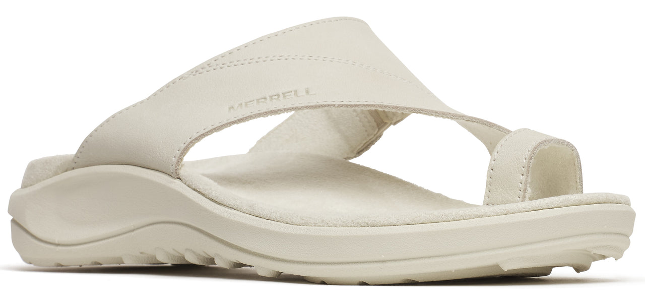 A pair of off-white leather sandals with a toe loop.