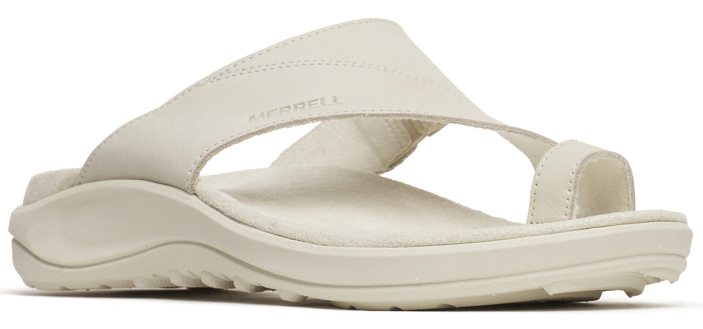 A pair of off-white leather sandals with a toe loop.