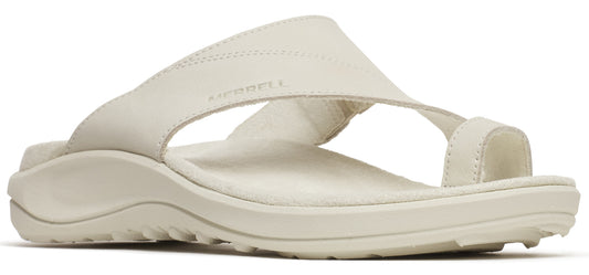 A pair of off-white leather sandals with a toe loop.