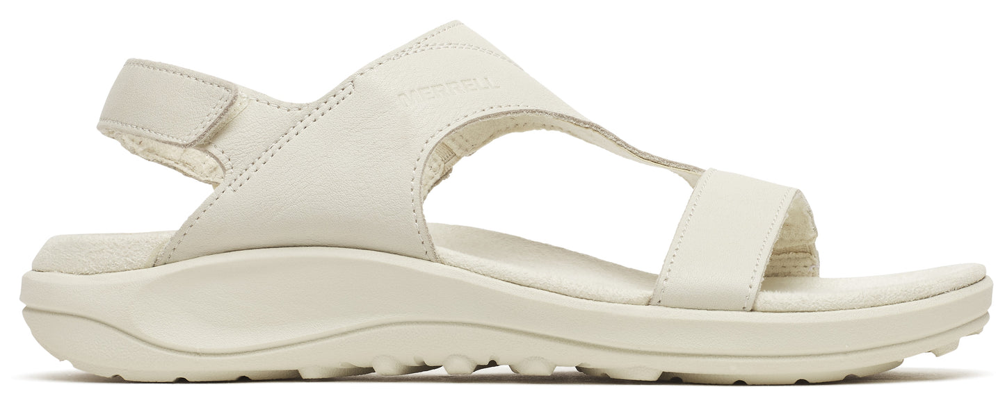 A cream-colored sandal with a velcro strap.