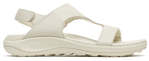 A cream-colored sandal with a velcro strap.