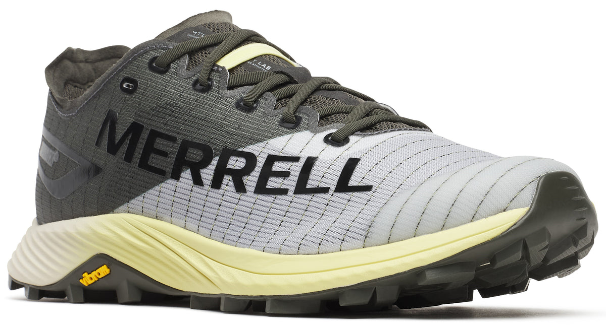 Trail running shoe with gray quarter and light gray vamp with black “MERRELL” text.