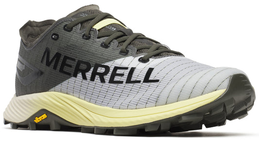 Trail running shoe with gray quarter and light gray vamp with black “MERRELL” text.
