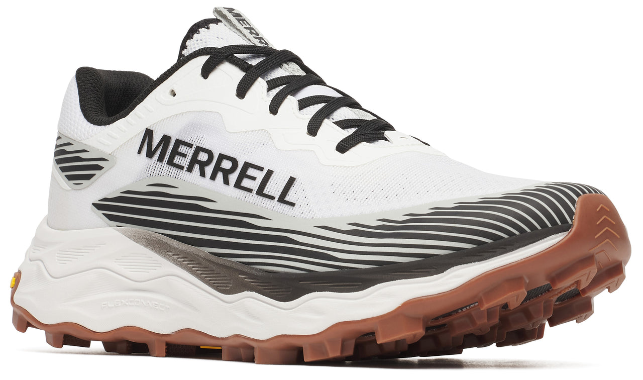 A white athletic shoe with black laces and MERRELL printed on the side.
