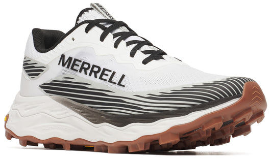 A white athletic shoe with black laces and MERRELL printed on the side.