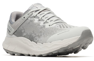 A grey and white athletic shoe with laces and a thick treaded sole, 'WATERPROOF' printed on the side.