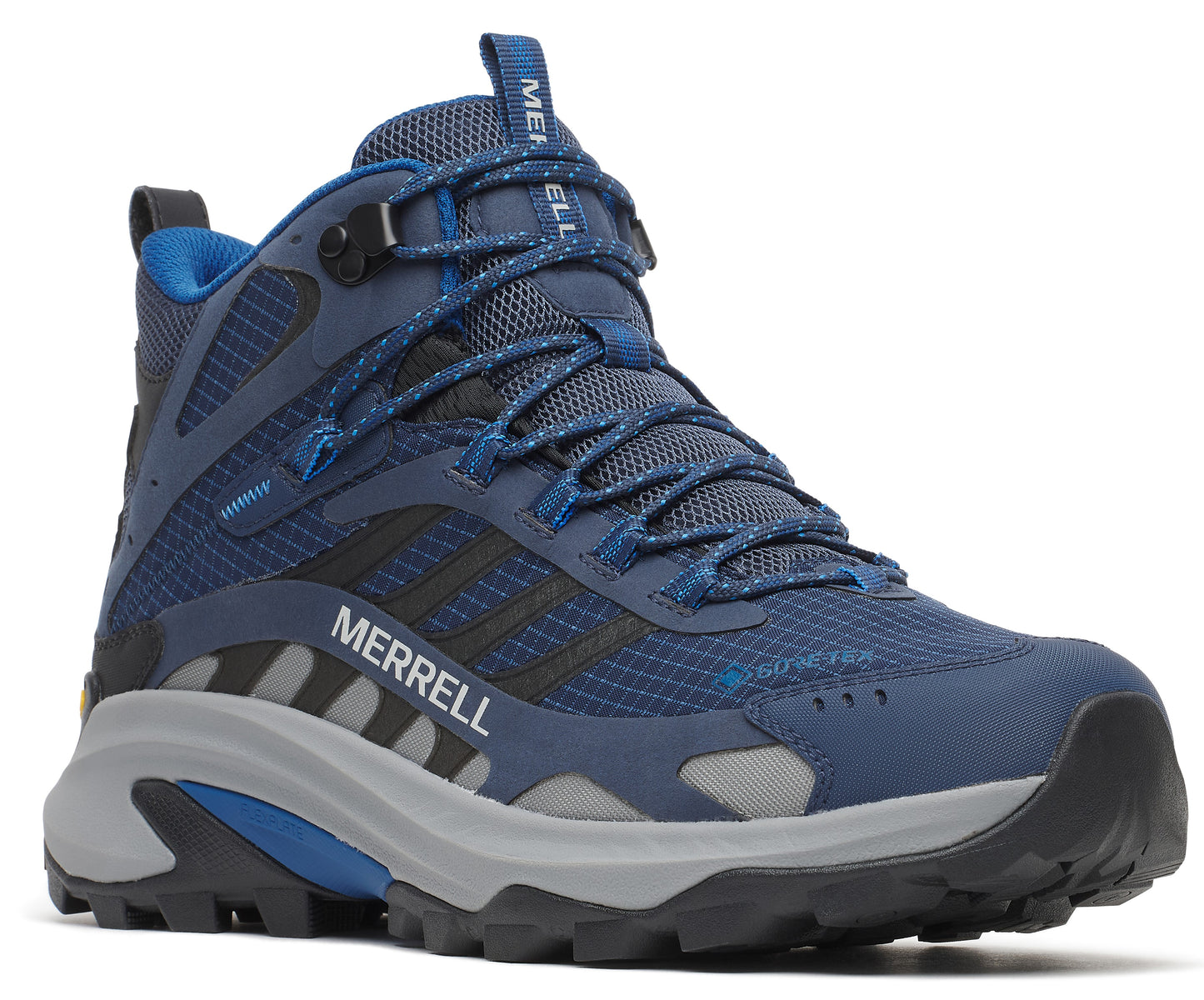 A navy blue hiking boot with black stripes and grey soles, featuring a high-cut design and the word "MERRELL" on its side.