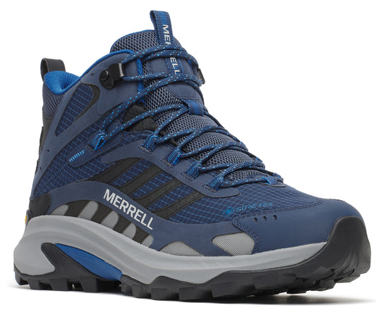 A navy blue hiking boot with black stripes and grey soles, featuring a high-cut design and the word "MERRELL" on its side.