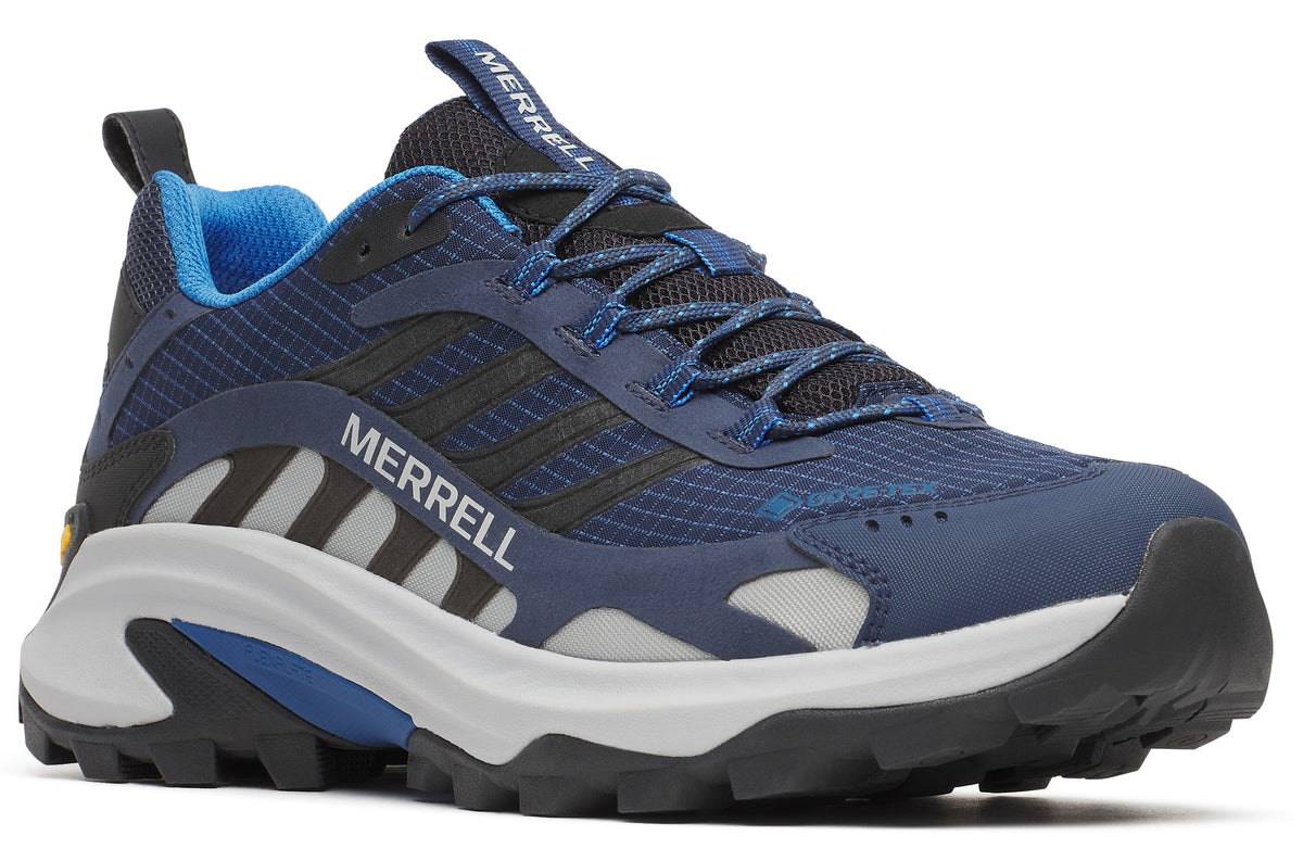 Navy blue athletic shoe with grey and black stripes, light blue interior, black laces, and chunky white and black sole; MERRELL is written on the side.