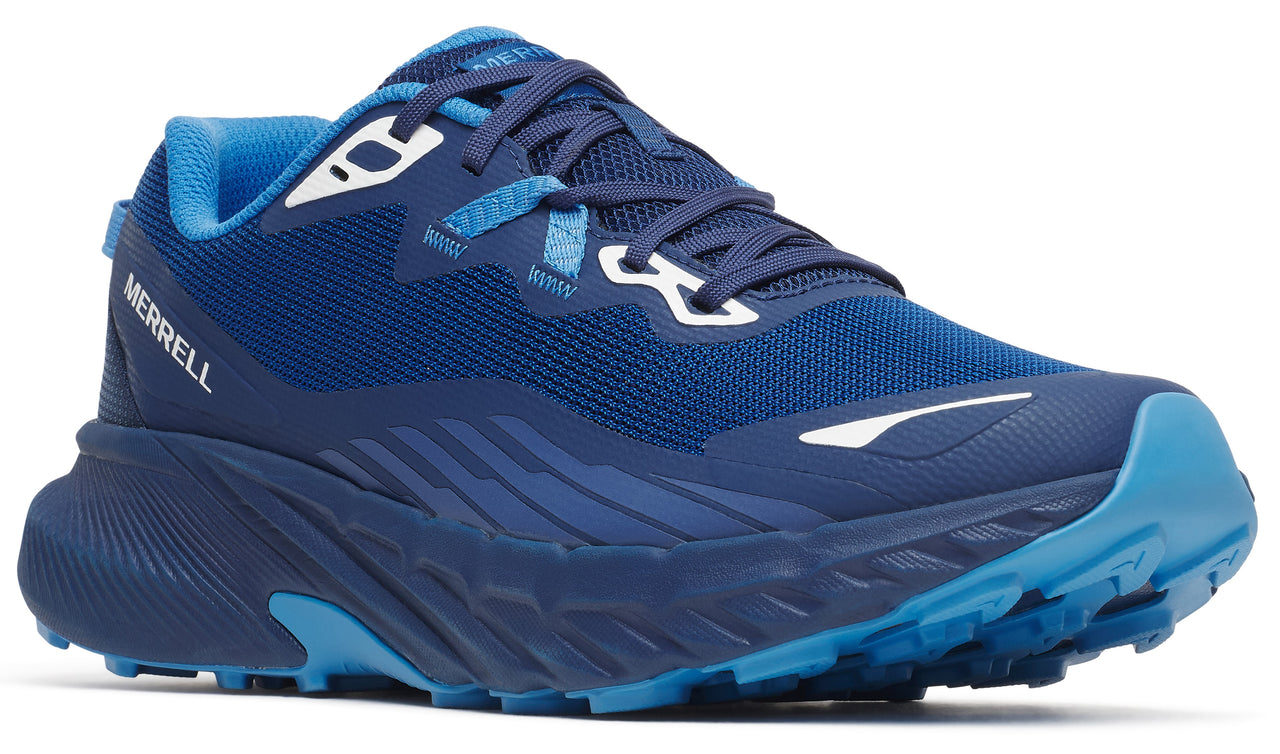 Blue running shoe with mesh upper, sculpted midsole, and visible logo 'MERRELL'.
