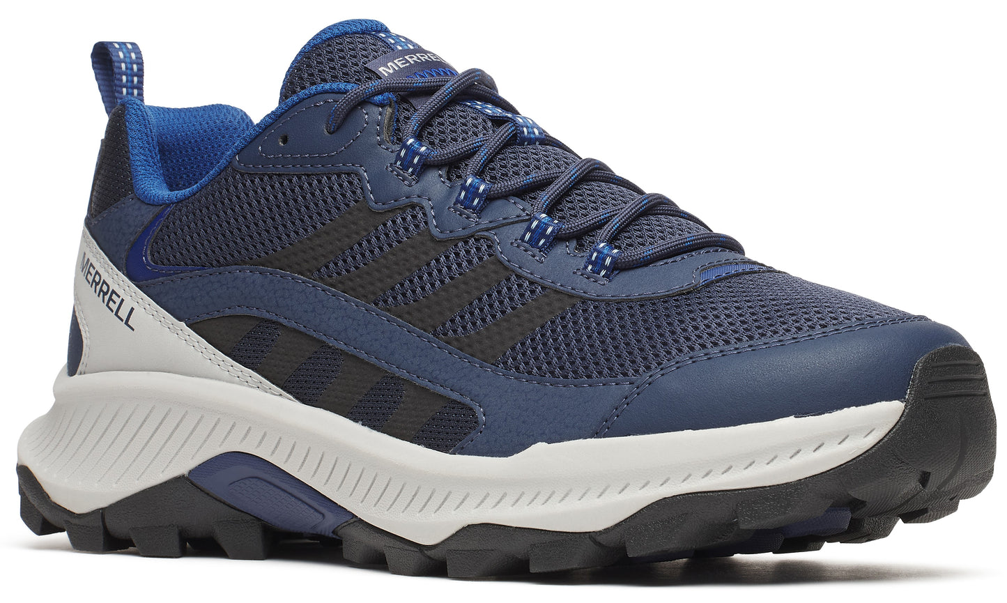 Navy blue athletic shoe with black stripes and white sole.