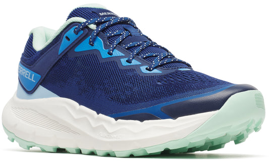 A dark blue trail running shoe with blue laces and a thick white and light green sole.