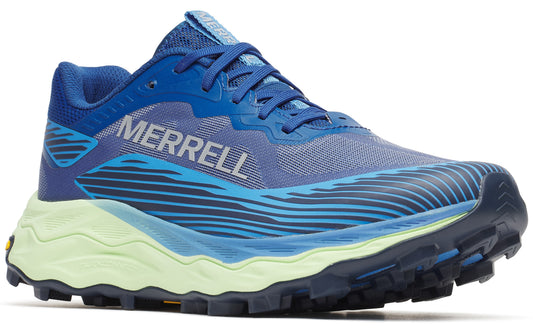 Blue running shoe with 'MERRELL' text on the side and a yellow midsole.