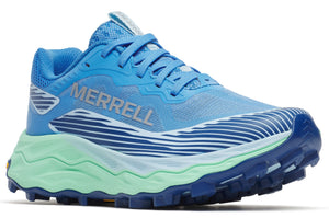 Blue running shoe with a light green sole, featuring the word MERRELL on its side.