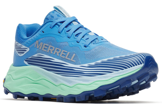 Blue running shoe with a light green sole, featuring the word MERRELL on its side.