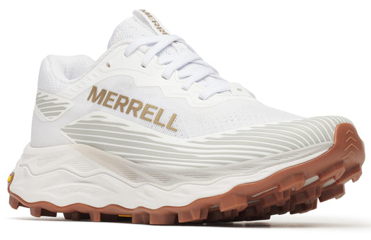 A white running shoe with tan accents and "MERRELL" printed on the side.