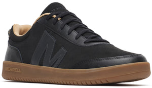 Black low-top sneaker with a brown sole and a large 'M' logo on the side.