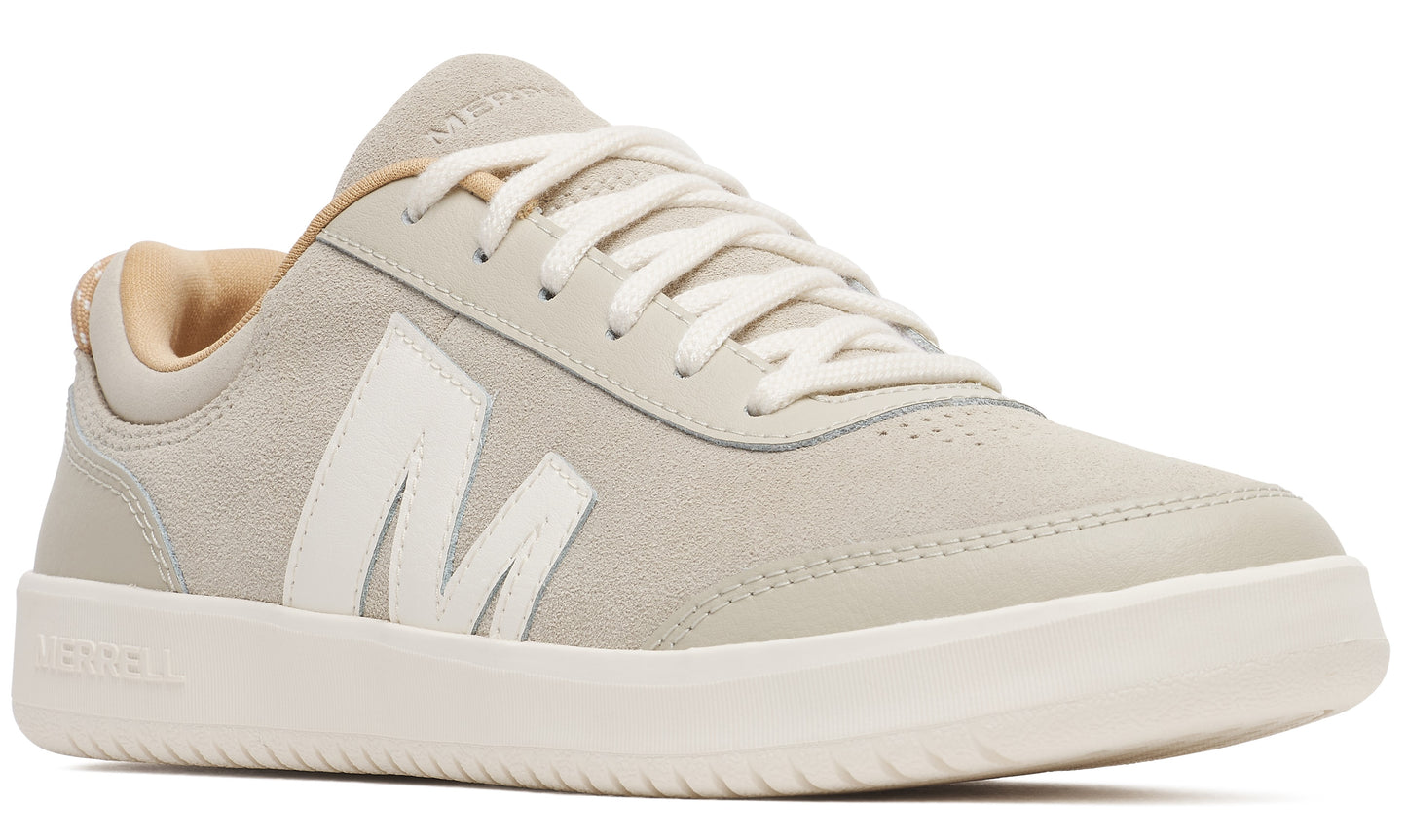 Low top sneaker in light gray with a white 'N' logo on the side and cream colored soles.