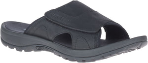 A black sandal with a thick sole and a velcro strap.