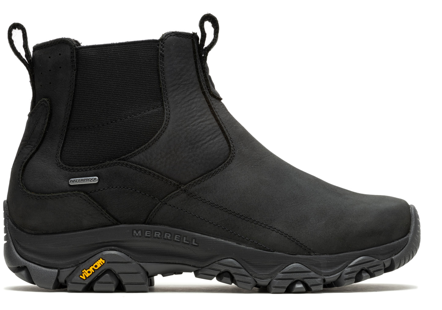 Black waterproof, ankle-high Chelsea-style boot with pull tabs, Vibram soles and elastic goring.