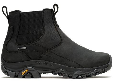 Black waterproof, ankle-high Chelsea-style boot with pull tabs, Vibram soles and elastic goring.