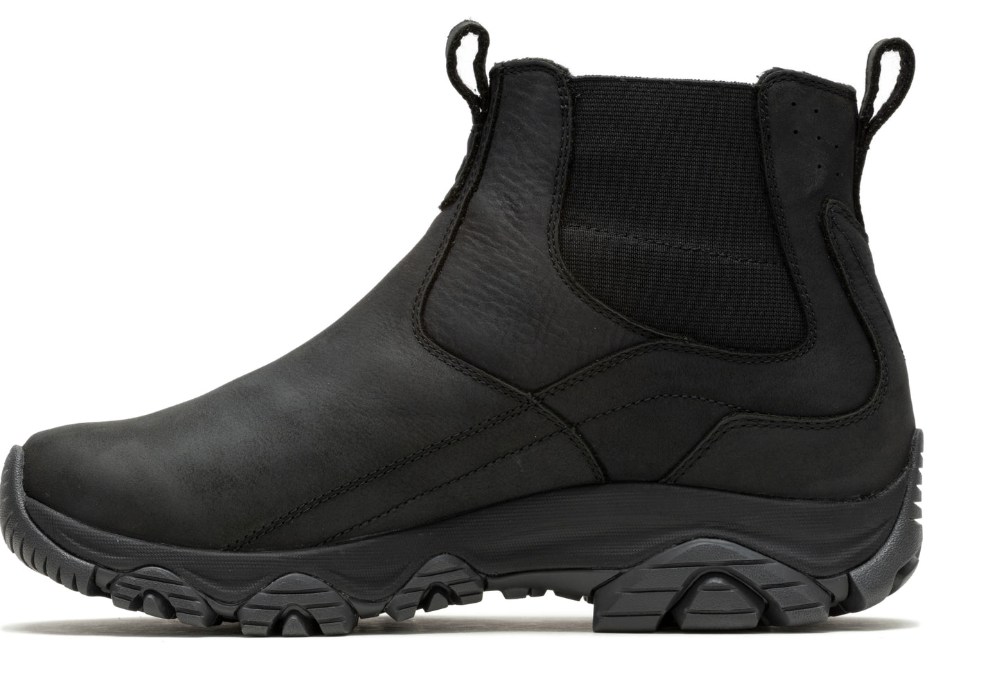 Black leather Chelsea-style boot with a lugged sole and elastic side panels.