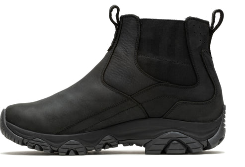 Black leather Chelsea-style boot with a lugged sole and elastic side panels.