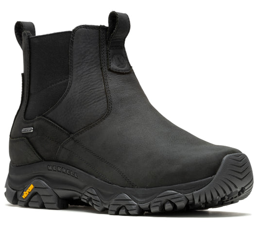 Black leather ankle boot with elastic side panels and a rugged lug sole.
