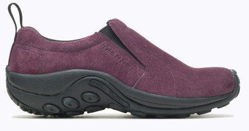 Slip-on shoe with plum suede upper, black sole, and pull tab