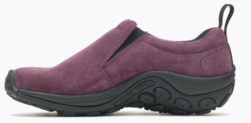 A plum-colored slip-on shoe with a black sole.